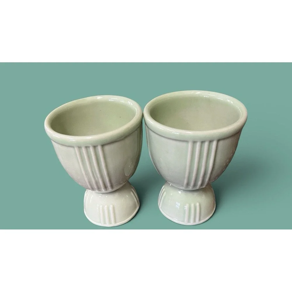 2 Hamkscraft Vintage Porcelain Ceramic Double Egg Cups Ribbed Pastel Green Mint